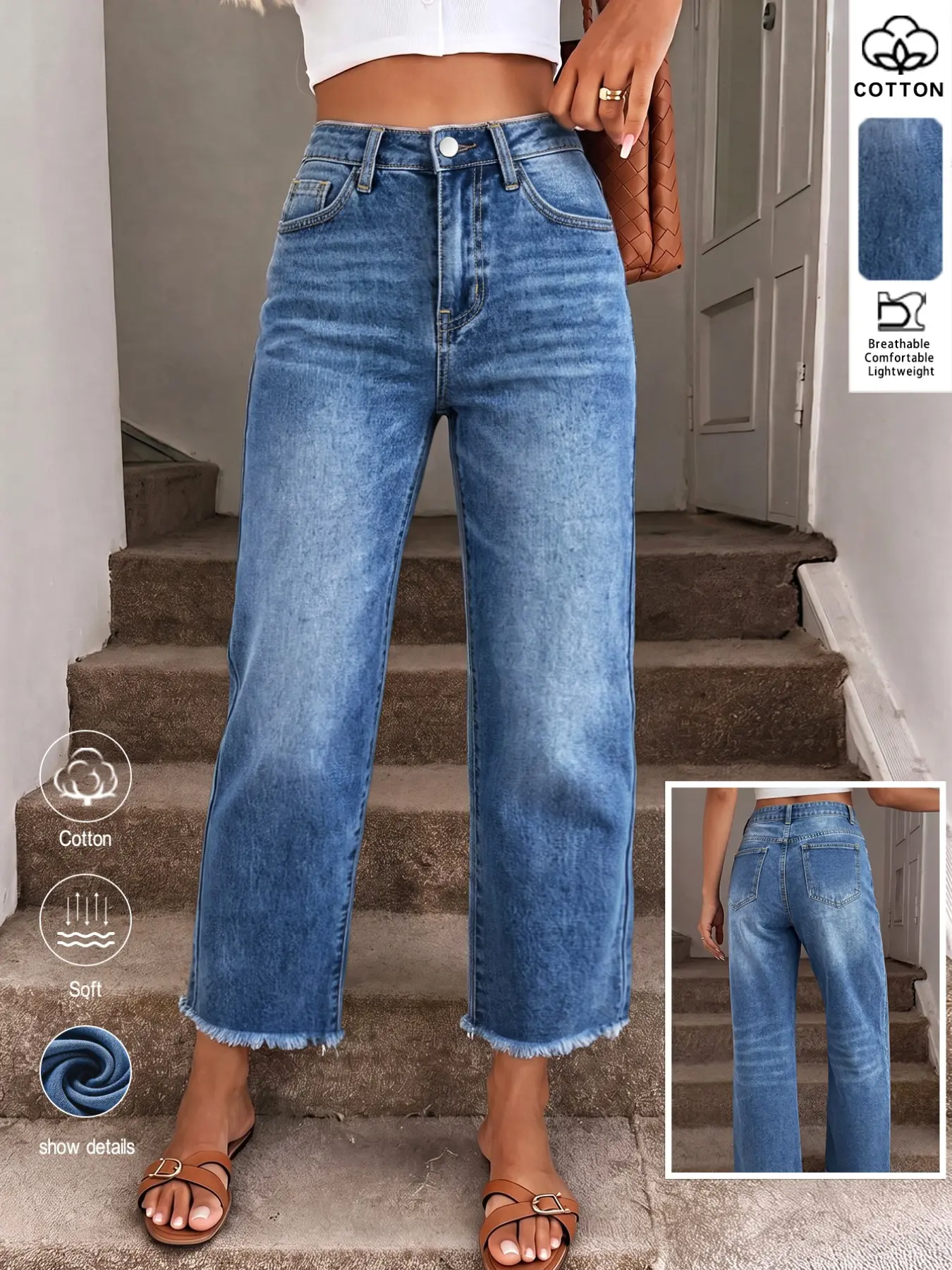 Women's High-Waisted Frayed Edge Loose Straight Capri Jeans, Lightweight Breathable Soft Slimming Versatile Straight Denim Jeans