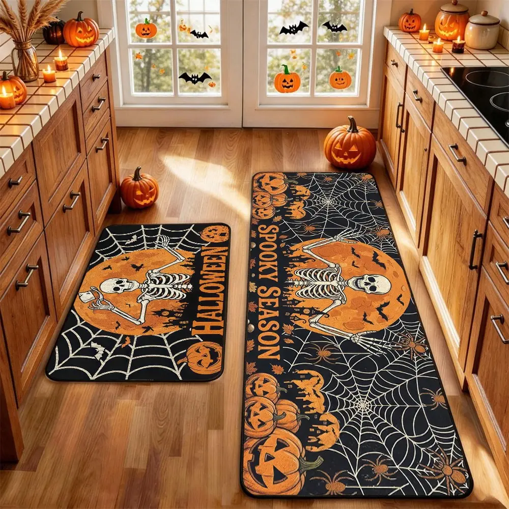 2Pcs Holloween Kitchen Bathroom Rug Mat BOO! Terrifying Skeleton Horror Pumpkin Bat Spider Web Wizard Floor Mat Set Farmhouse Kitchen Floor Rugs Bathroom Rug Non Slip Restaurant Floor Dining Room Laundry Room Decor Carpet Mat Fall Decor Home Decor Rug