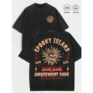 Retro Stone Washed Double Side Printed Oversized Tee, Soft Cotton Round Neck Unisex Casual T-shirt, Vintage Spooky Skull Sun & Amusement Park Quote Graphic Basic Top, Versatile Dark Spooky Apparel for Outdoor Trips & Daily Street Styling