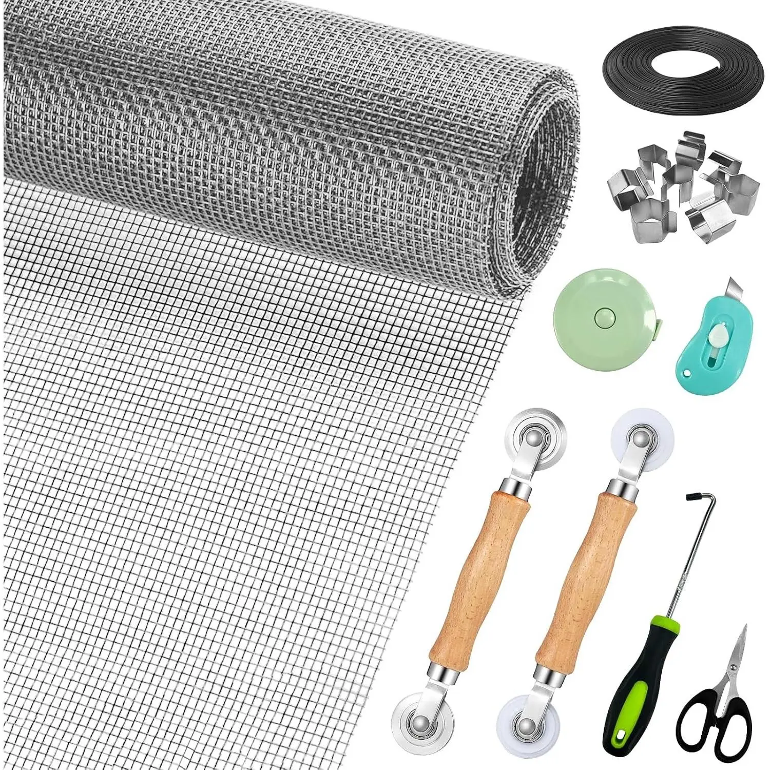 48"x178" Grey Window Screen Mesh Replacement with Screen Door Repair Kit, 50 FT Splines, Hooks, 2 Rollers, 8 Clips, Scissors, Knife, Tape Measure - Fully EquippedGift
