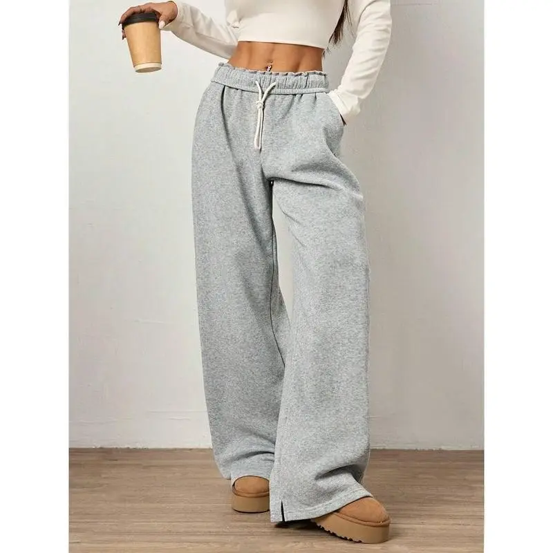 Grey Foldover Waistband Drawstring Tie Up Slant Pockets Straight Leg Casual Street Style Women Long Baggy Sweatpants Graduation,Back To School Outfits,Graduation,Teacher Outfits For Women,Back To School