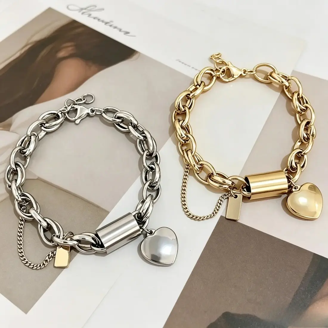 Women's Non-Tarnish Stainless Steel Chunky Chain Charm Bracelet with Heart Charm, Minimalist Thick-Link Statement Jewelry, Casual Durable Everyday Accessory, Ideal Gift for Valentine’s Day, Christmas, Non Tarnish Jewelry, Tarnish Proof Jewelry