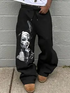 Relaxed Fit Men’s Streetwear Sweatpants, Black & Grey Chicano Nun Tattoo Art Front Print Loose Athletic Jogger Pants with Side Pockets, Perfect for Nightclub Outfits, Outdoor Hangouts, Daily Workout & American Street Style Looks