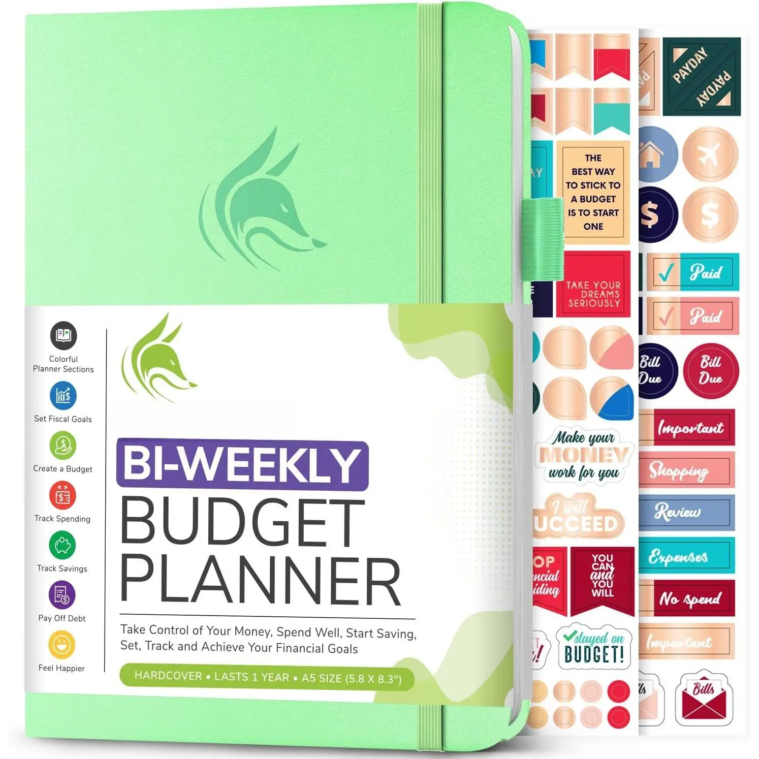 Biweekly Budget Planner, Financial Book Organizer Mint Green | 5.8”x8.3” Undated paycheck & bill , Easy budgeting & finance workbook for beginners & family, Monthly calendars