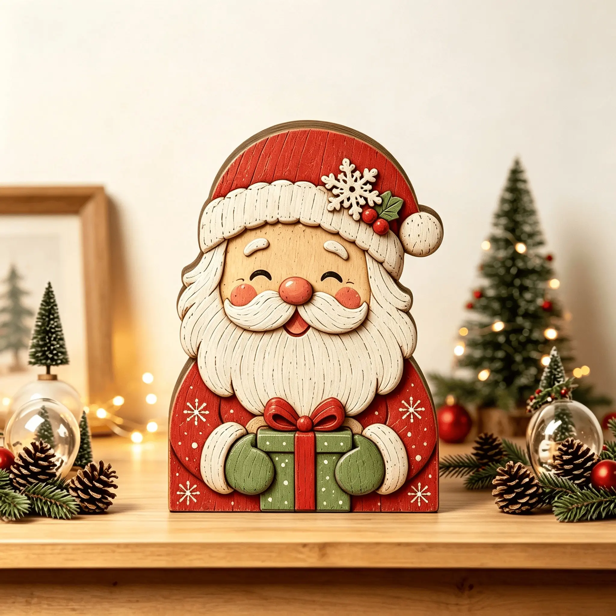 Christmas Santa Wooden Desktop Ornament, Rustic Farmhouse Style with Gift Box and Snowflake Design, Vintage Christmas Shelf Fireplace Decor