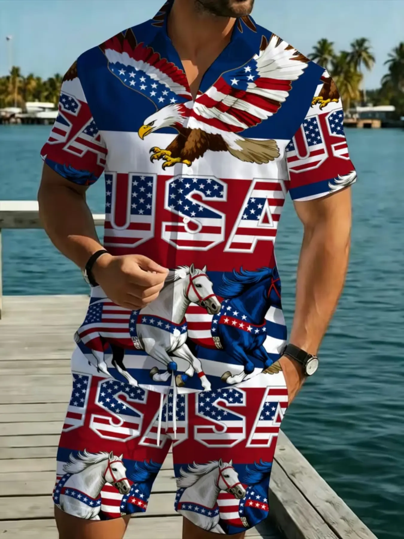 Men's American Flag Pattern Beach Short Sleeve Shirt Set, Summer Casual Vacation Wear, Trendy Print Two-Piece