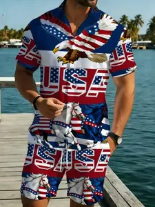 Men's American Flag Pattern Beach Short Sleeve Shirt Set, Summer Casual Vacation Wear, Trendy Print Two-Piece