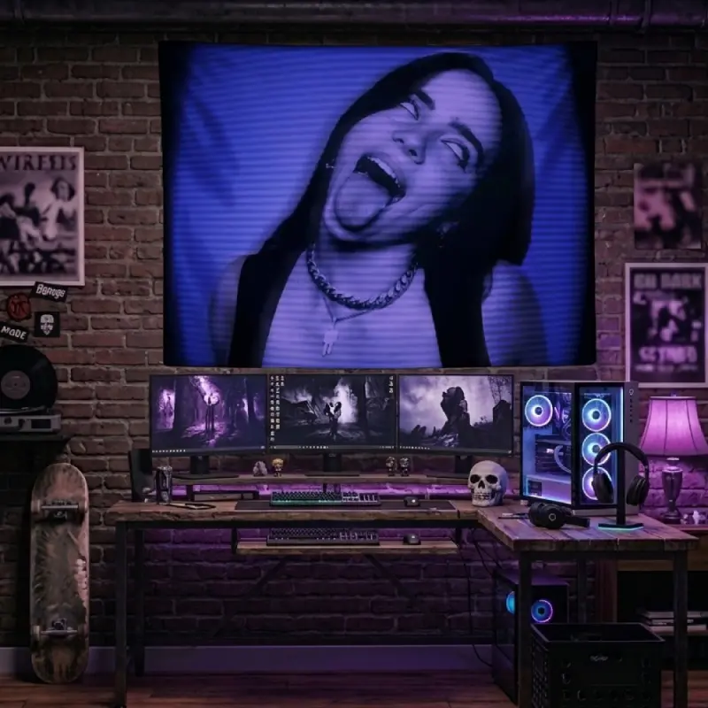 Retro CRT TV Billie Tapestry Black and White Girl Sticking Out Tongue Photo Wall Hanging Funny Pop Music Star Room Decor College Dorm Background Banner