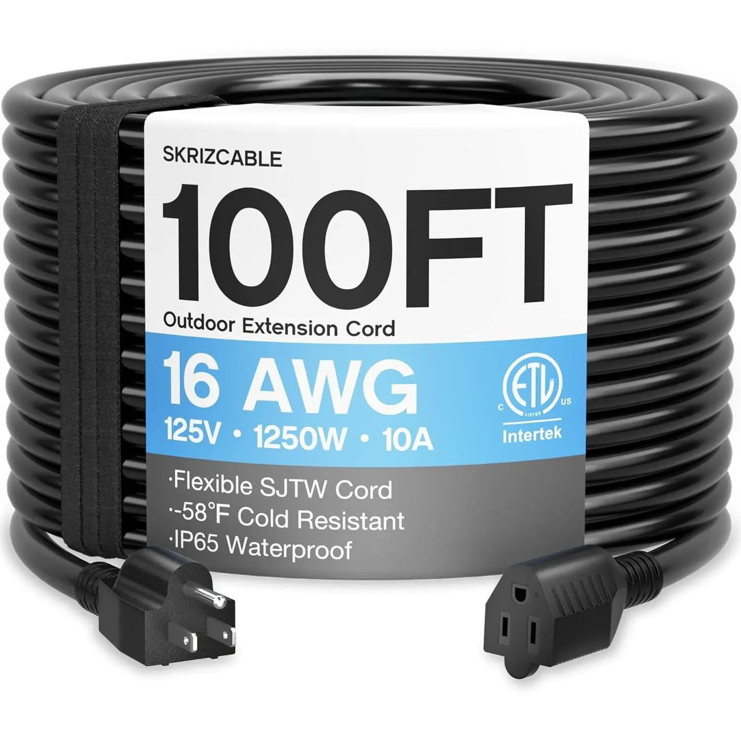 100 Ft 16/3 SJTW Cable Outdoor Extension Cord - Flame Resistant, Waterproof, 3-Prong, 16AWG, 10A, 1250W, 125V, ETL Listed Long Cord for Lawn Gardening (Black), All Seasons