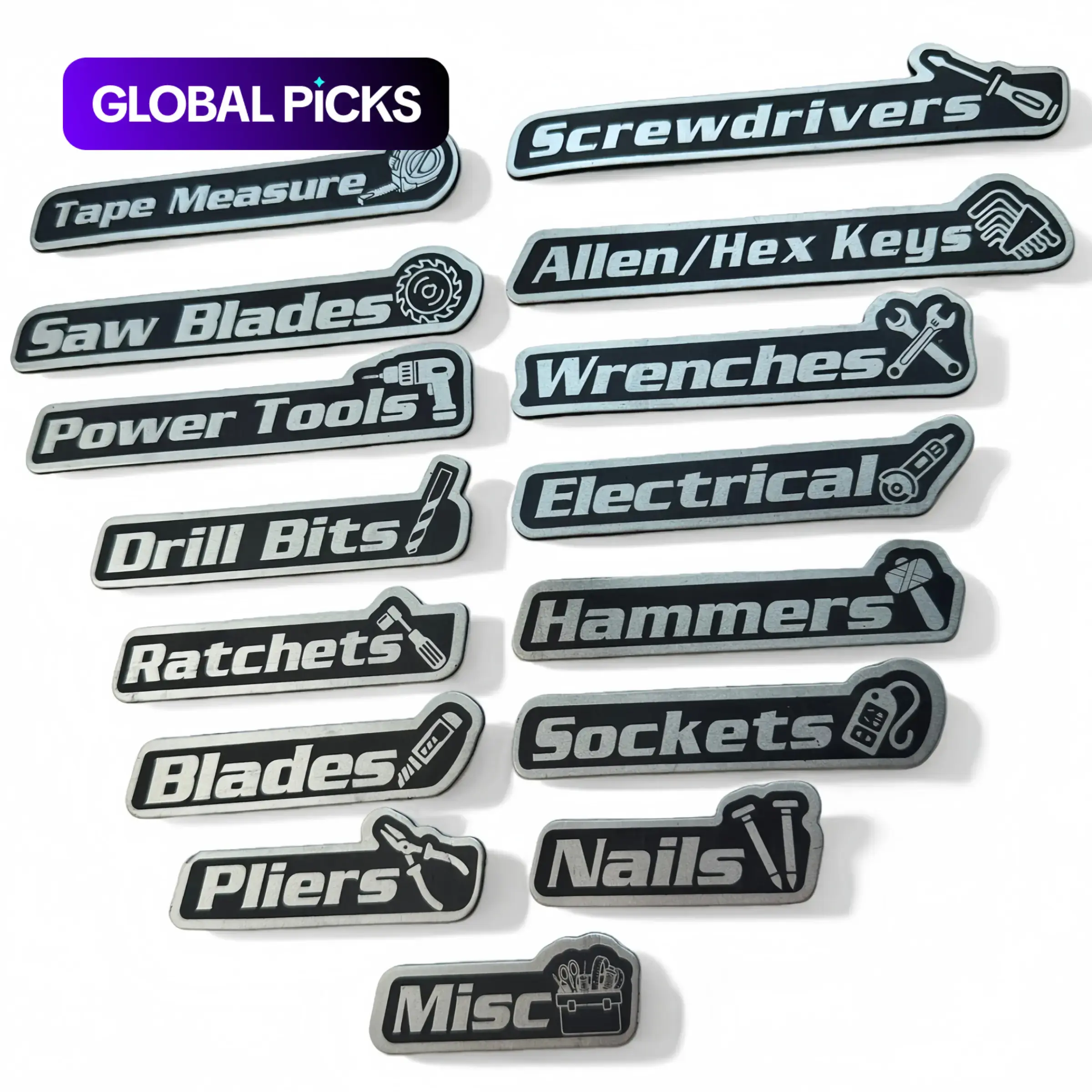 15-Piece Magnetic Toolbox Label Set, Strong Magnetic Hold, Universal Fit Organizer Accessories for Steel Cabinets, Carts, Drawers, and Toolboxes, Ratchets, Pliers, Tape Measure, Power Tools, Saw Blades, Misc