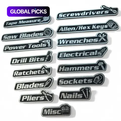 15-Piece Magnetic Toolbox Label Set, Magnet Stickers, Strong Magnetic Hold, Universal Fit Organizer Accessories for Steel Cabinets, Carts, Drawers, and Toolboxes, Ratchets, Pliers, Tape Measure, Power Tools, Saw Blades, Misc #GLOBAL PICKS
