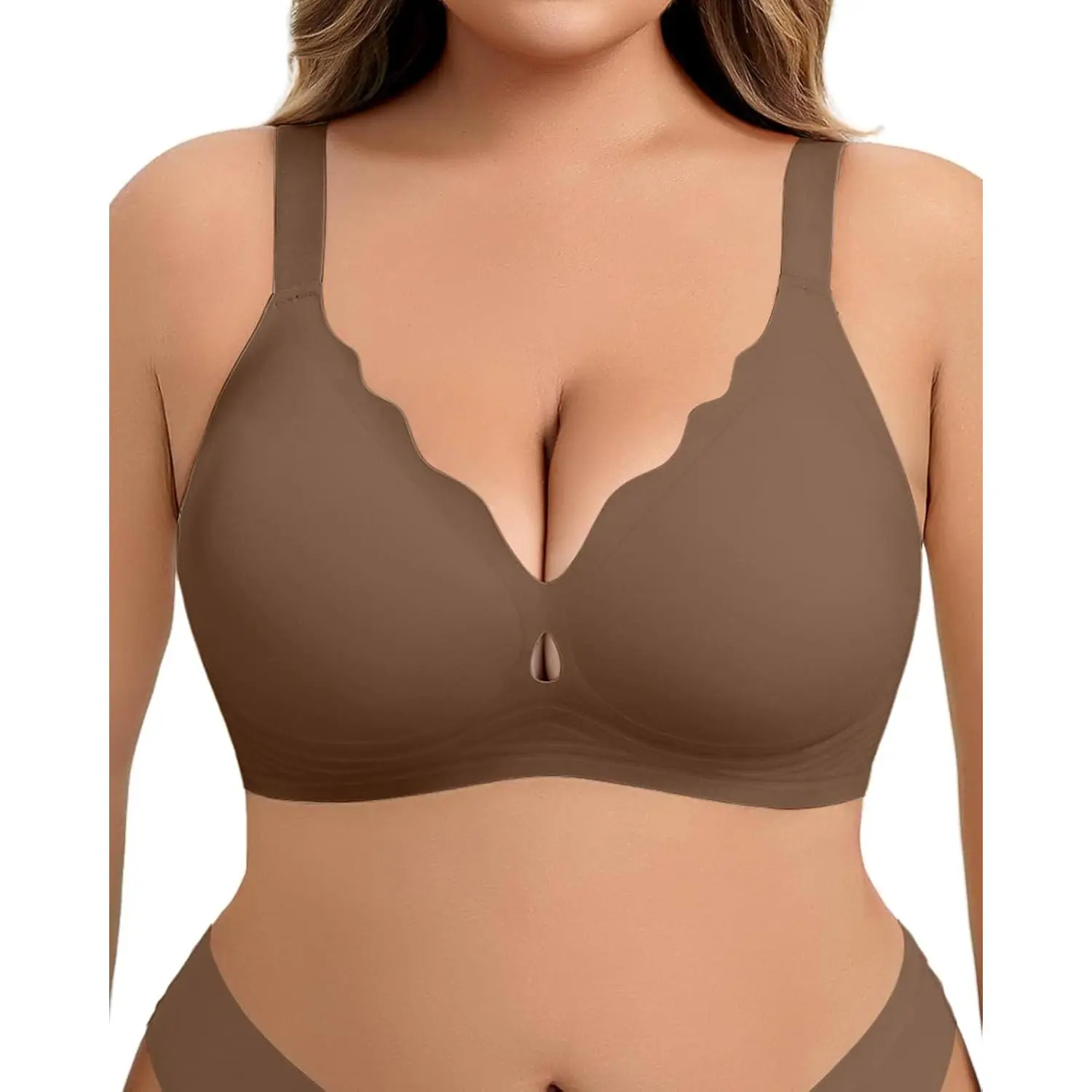 Seamless Scalloped Neckline Support Bra, Wireless Keyhole Cutout Everyday Bra brasco modos