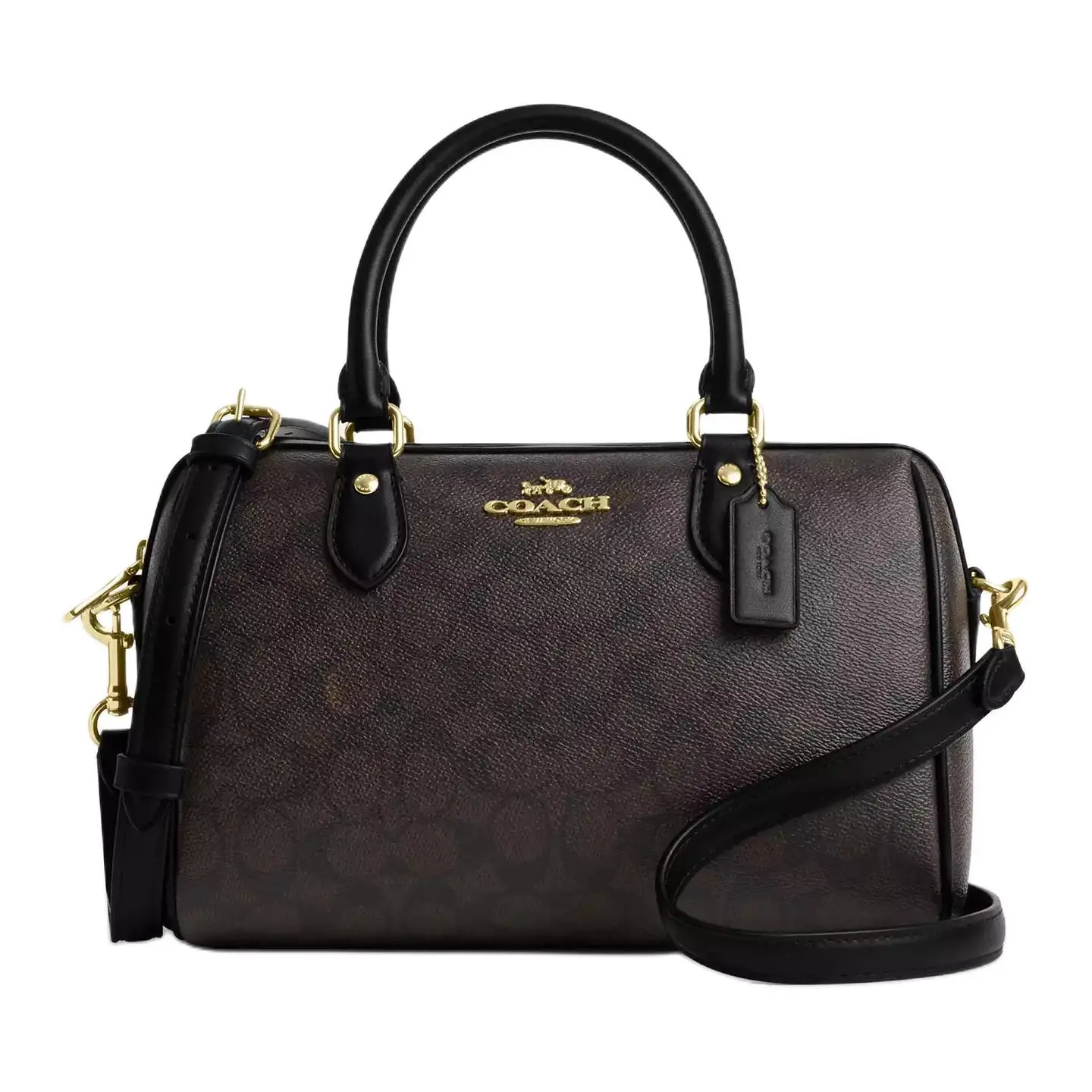 COACH Rowan 25 Crossbody Handbag for Women – Logo-Zip Closure, Faux Leather, Walnut Brown and Black