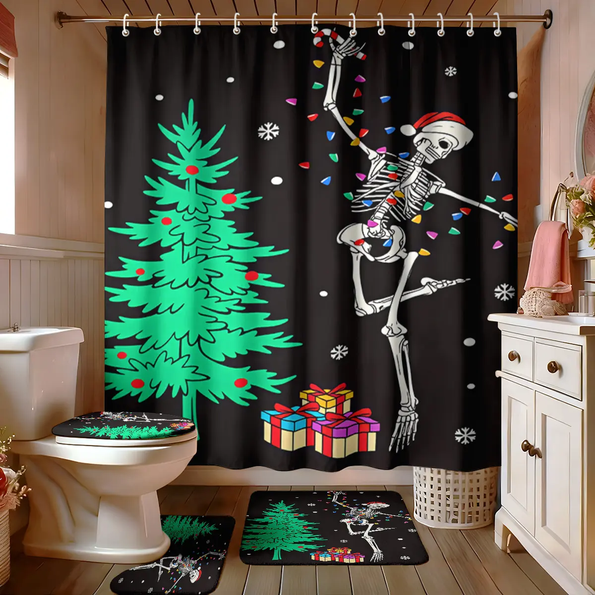 4‑Piece Digital‑Printed Bathroom Set,Christmas Skull Christmas Tree Snowflake Pattern,Includes Shower Curtain,Bath Mat,U‑Shaped Cushion,Toilet Seat Cover,Perfect Gift Choice