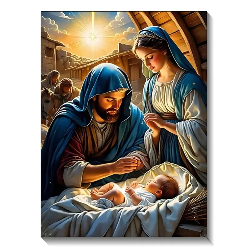 DIY 5D Full Round Cross Stitch Diamond Painting Kit, Jesus Birth Nativity Scene Christian Religious Art