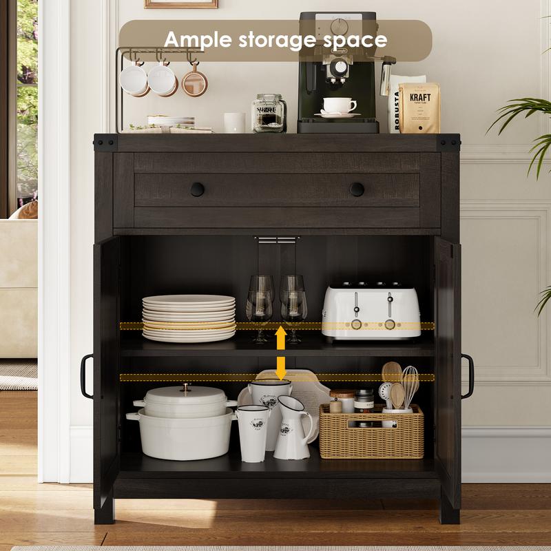 HOSTACK Coffee Bar Cabinet, Storage Cabinet, Modern Buffet Sideboard with Drawer and Adjustable Shelf, Barn Door Accent Cabinet