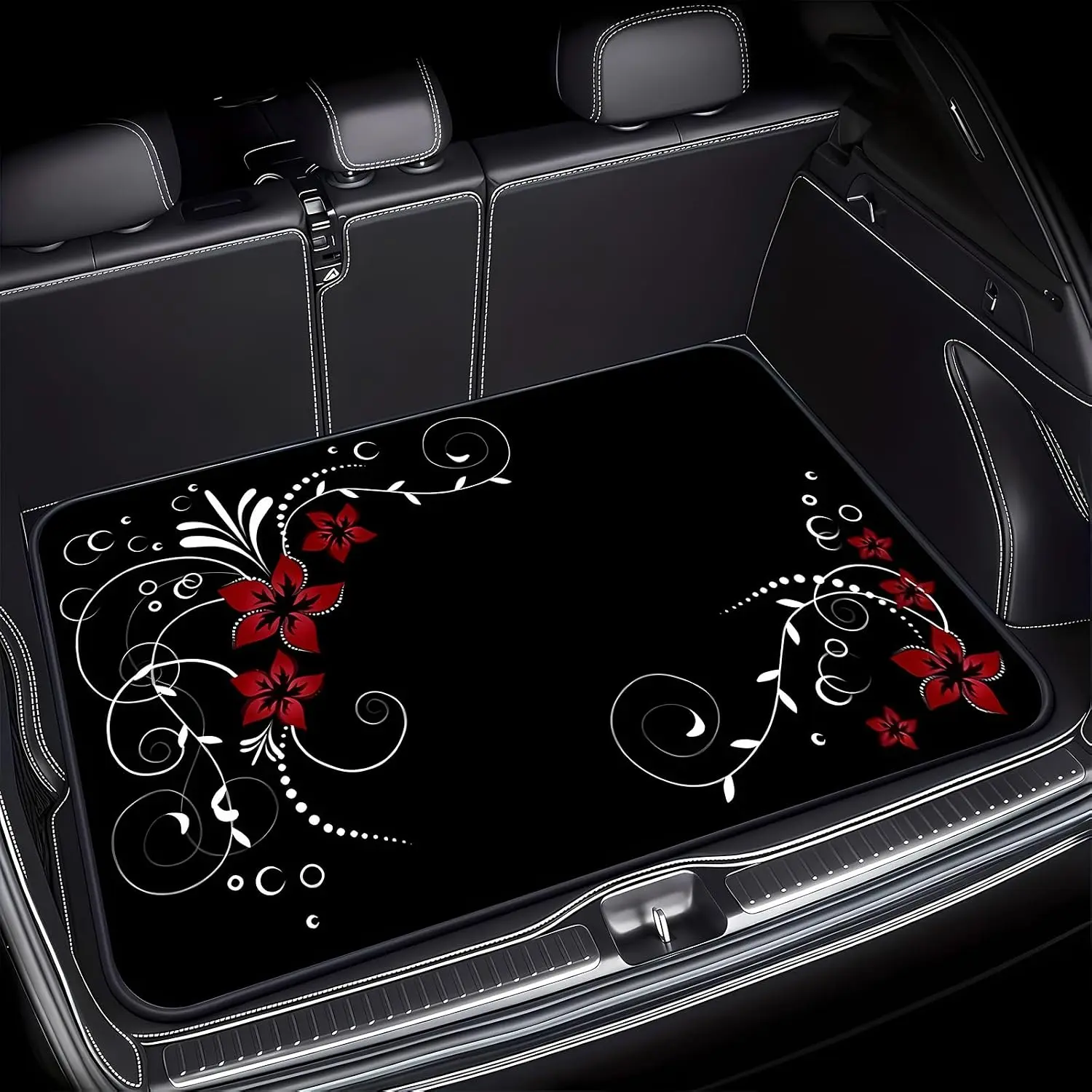 Universal Car Trunk Mat 29" x 39",Red Flowers Black Swirls All Weather Trunk Protection Cargo Liner,Durable Cargo Mat Rear Trunk Liner,Stylish Vehicle Interior Accessories Suitable for Most Car Models