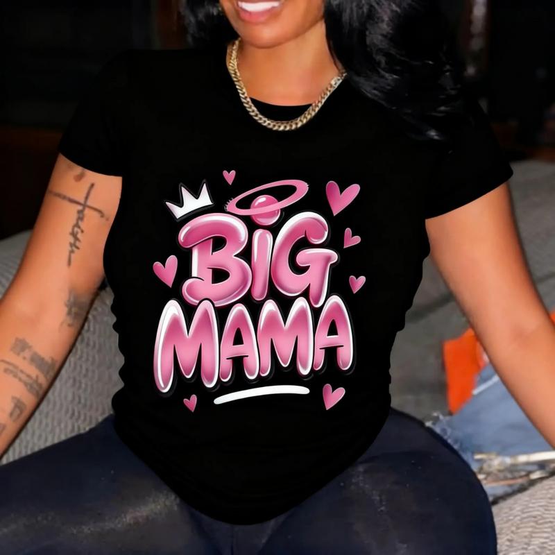 Women's Plus Size Casual Short Sleeve T-Shirt BIG MAMA Graphic With Crown & Hearts Geometric Print Breathable Round Neck Machine Washable All Season Comfort Fashionable Cotton Fabric Top