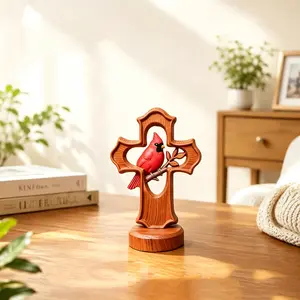 1pc Creative Finch Cross Memorial Gift, Mini Desktop Blessing Ornament, Vintage Wood Carving Bird Cross, Unique Desk Decor