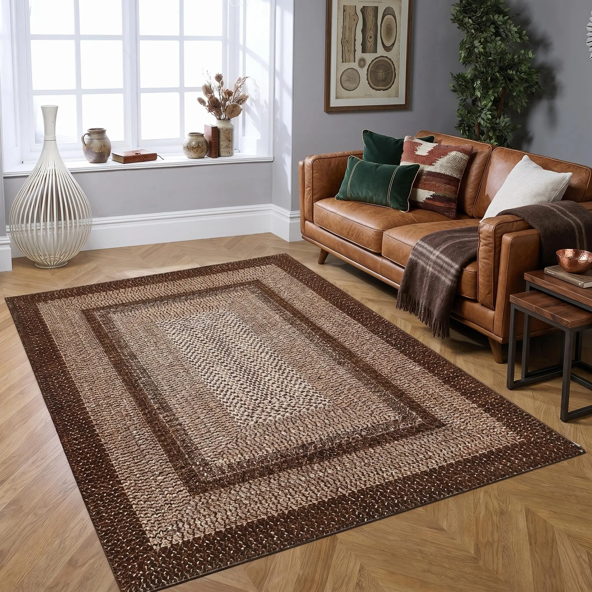 GARVEE Loop Pile Rug 8x10ft, Polyester, Brown, Washable GARVEE Loop Pile Rug 8x10ft, Polyester, Brown, Washable