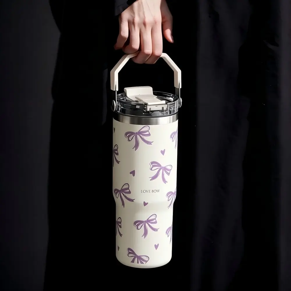 Butterfly and Heart Pattern Vacuum Insulated Stainless Steel Cup, Large Capacity Water Bottle with Handle and Straw, Ideal for Home Office School