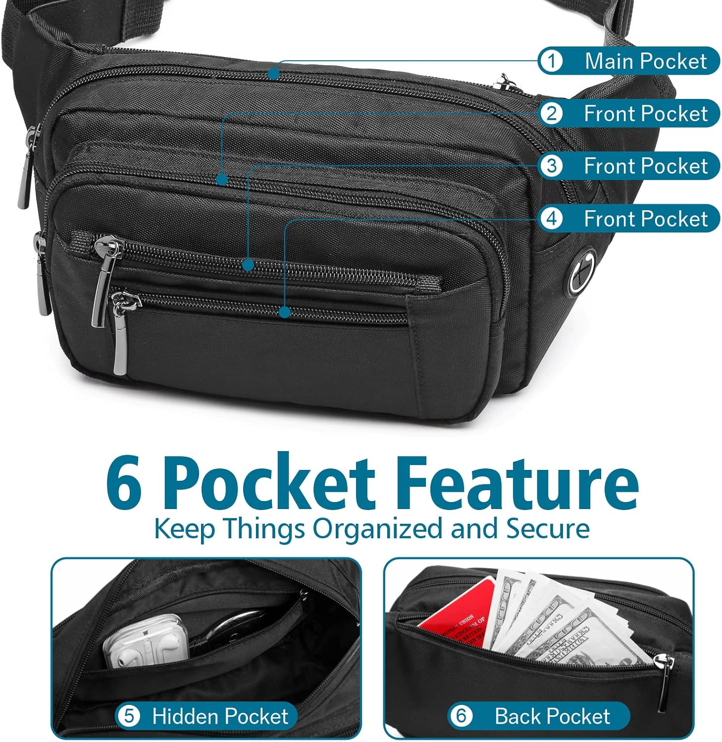 Fanny Pack for Women Men - Fanny Packs for Women Cross  Everywhere Belt Bag Bum Bag with 6 Zipper Pockets Plus Size & Adjustable Strap for Traveling Cycling Running Hiking