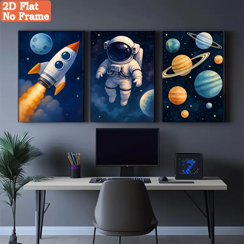 3Pcs Astronaut Rocket Planet Canvas poster, Deep Space Galaxy Spaceman wall decor, Outer Space Art Print For Boys Bedroom Gaming Room Study Room Apartment Home Decor