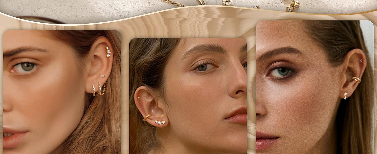 Florideco Small Gold Earrings for Women Hypoallergenic 20G Surgical Stainless Steel Flat Back Stud Earrings Dainty Stackable Earring Stacks Hoop Cartilage Earring Sets for Multiple Piercing