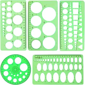 5 PCS Green Plastic Circle & Oval Geometry Measuring Ruler Templates, Geometric Drawing Stencils for Drafting, DIY Art Design
