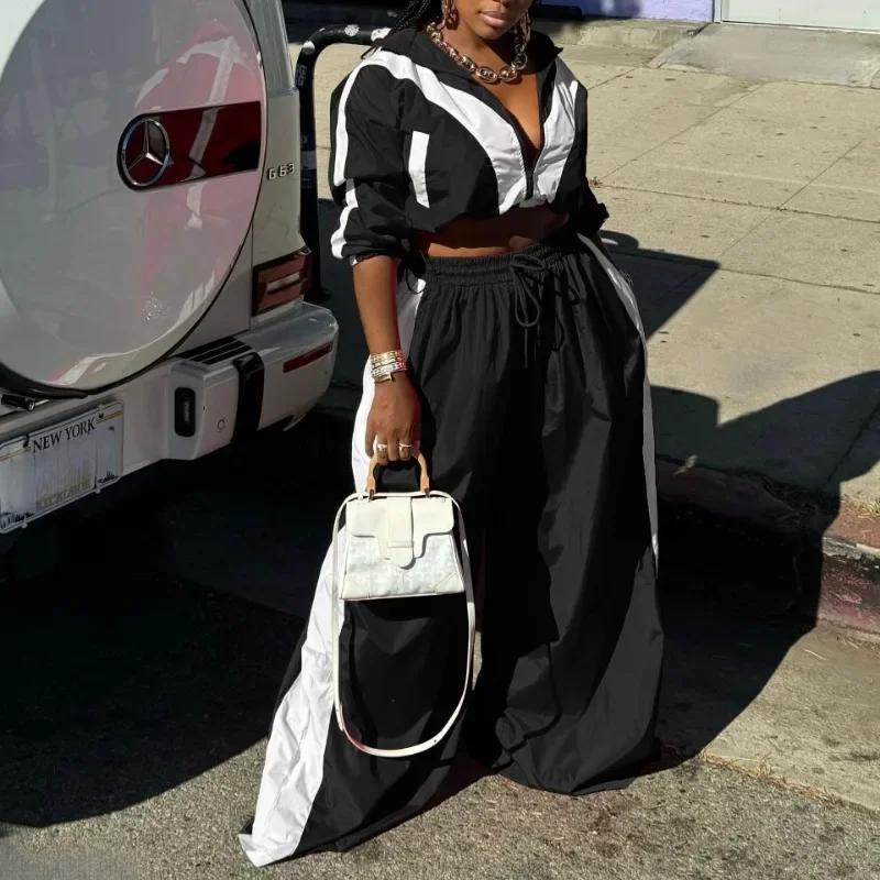 two-piece set woman Color Patchwork Women Tracksuits Matching 2 Piece Sets Zipper Long Sleeve Jackets Crop Top + Wide Leg Pants Fashion Streetwear
