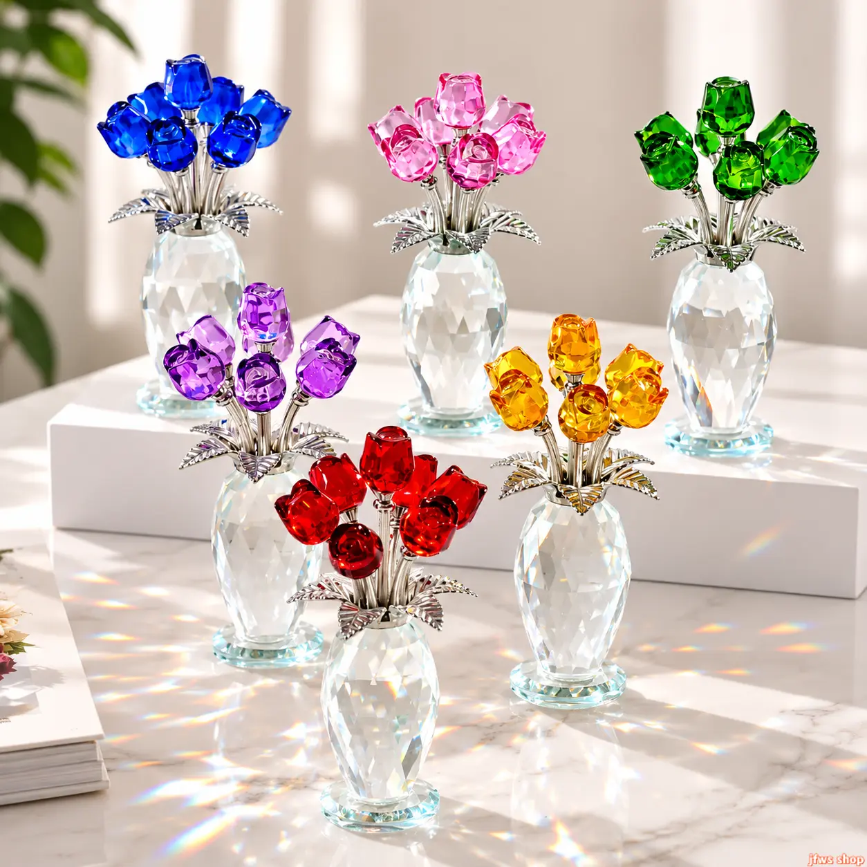 Handmade K9 Crystal Glass Rose Bouquet with Vibrant Rainbow Iridescent Gemstone Decor, Colorful Artificial Flower Arrangement in Premium Glass Vase, Elegant Centerpiece for Home Office Desk, Romantic Keepsake Gift for Anniversary Birthday Valentine's Day