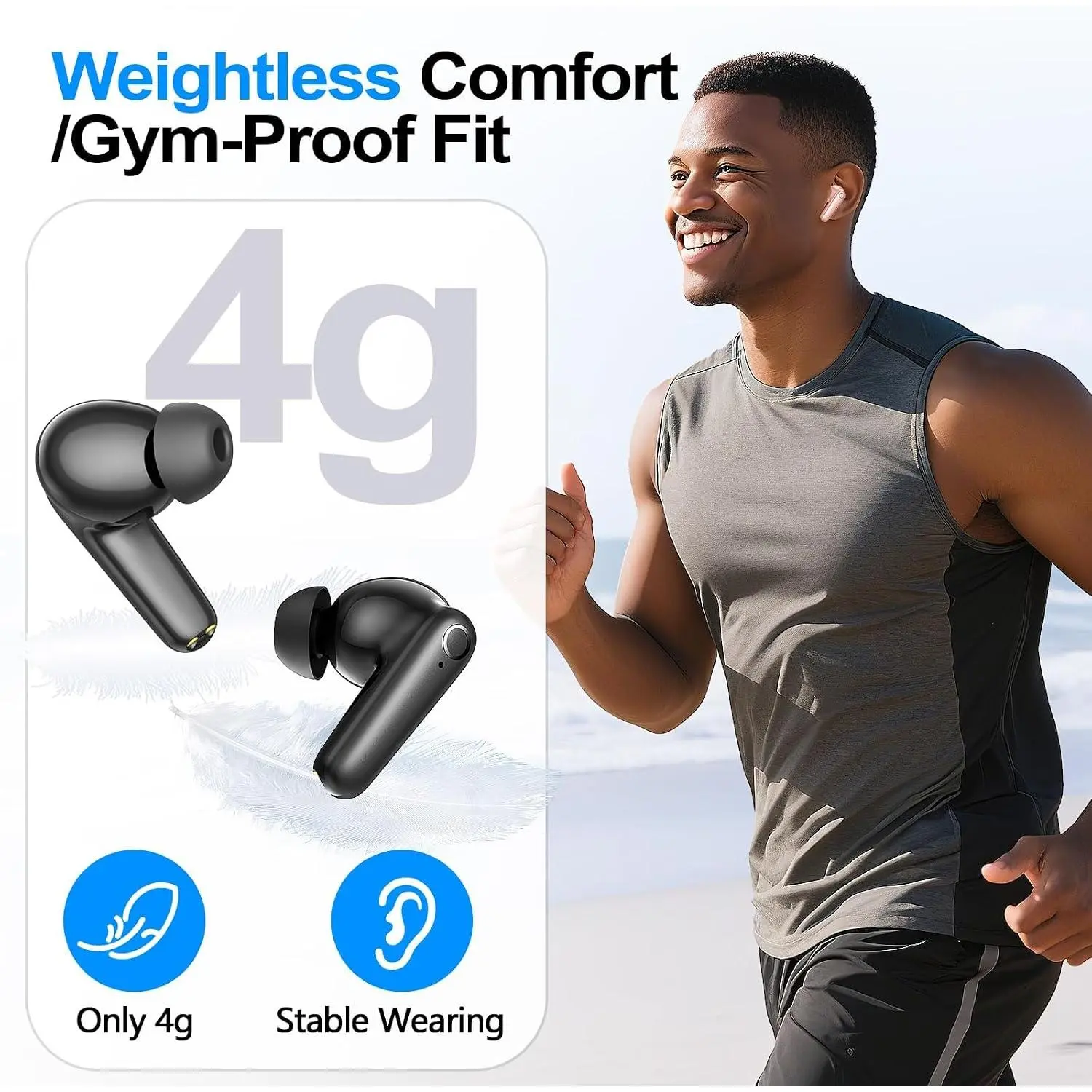 Wireless Ear Buds Bluetooth 5.4 Headphones 60H Playtime Deep Bass Stereo Earbuds with Mic Comfort Lightweight in Ear Earphones for Workout/Running Black