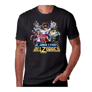 Vintage Saint Seiya Los Caballeros Del Zodiaco Anime Graphic Crew Neck Tee for Men, Classic Bronze Five Saints Character Print Short Sleeve Casual Pullover T-shirt, Retro Japanese Manga Fan Regular Fit Knit Top, Slight Stretch Daily Streetwear Outfit for