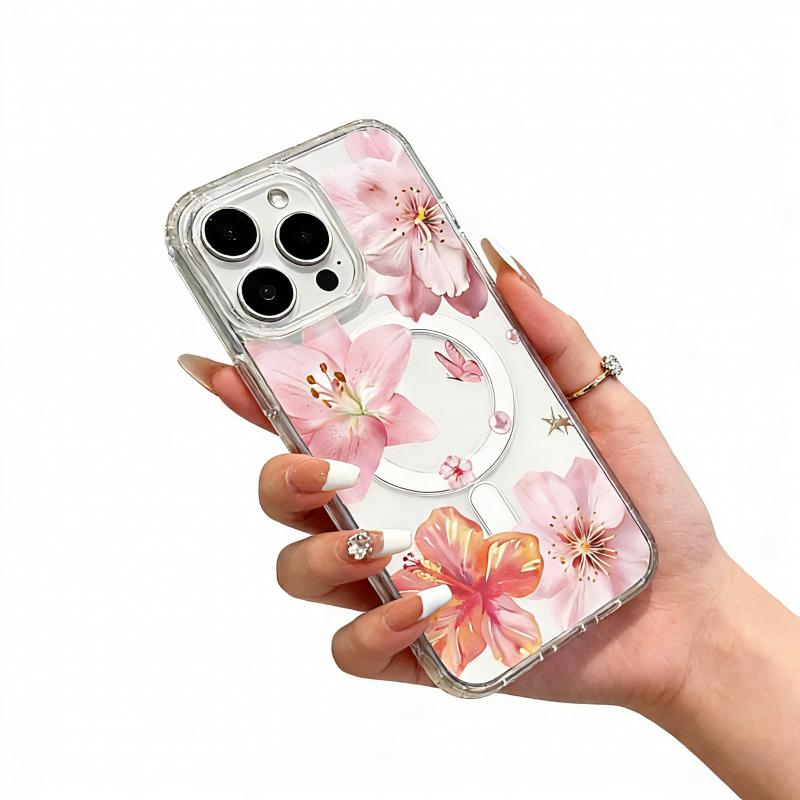 Magnetic Soft Case for iPhone11/12/13/14/15/16/17 Pro Max, Pink Flowers MagSafe Compatible, transparent phonecase stuff,Aesthetic Pattern Design,cutephonecases  iPhone Case