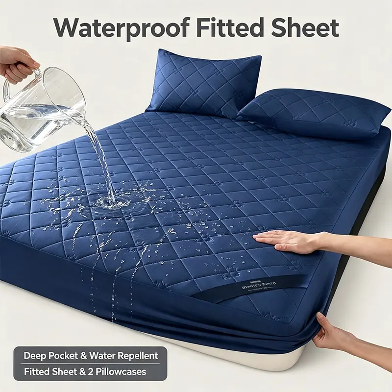 Household Waterproof Quilted Fitted Sheet Set, Exquisite Floral‑Grid Quilting Craft, Spill‑Proof Stretch‑Fit Mattress Cover With Matching Pillowcases for Daily Sleeping Space