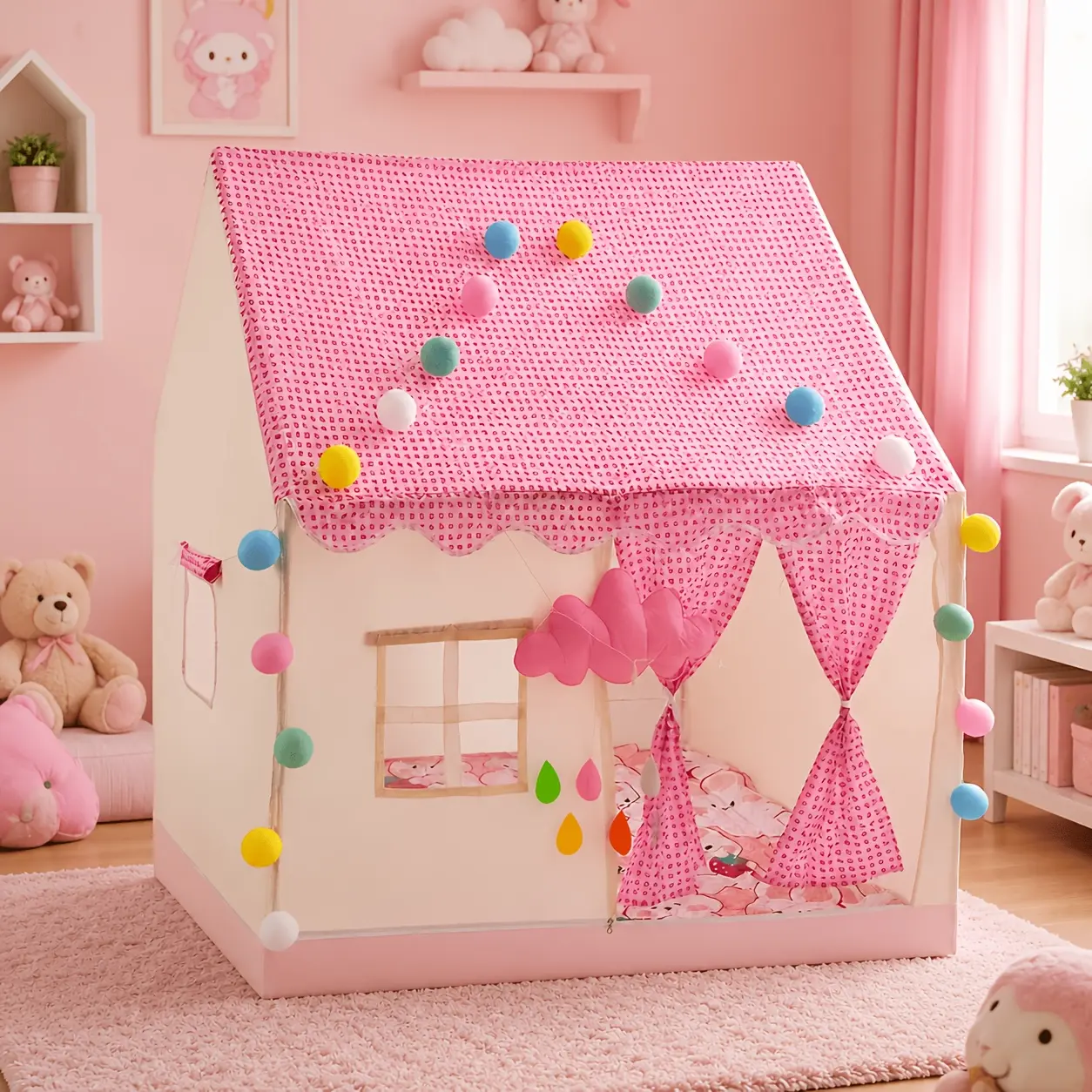 BANDESUN Kids Play Tent with Window - Indoor/Outdoor Princess Castle, Girls and Boys, Khaki & Pink, Easy to Set Up, Portable Playhouse for Kids, Boys & Girls, Birthday Party Decorations, Role-Play, Checkered Pattern, for Gift, Christmas, Easter Day