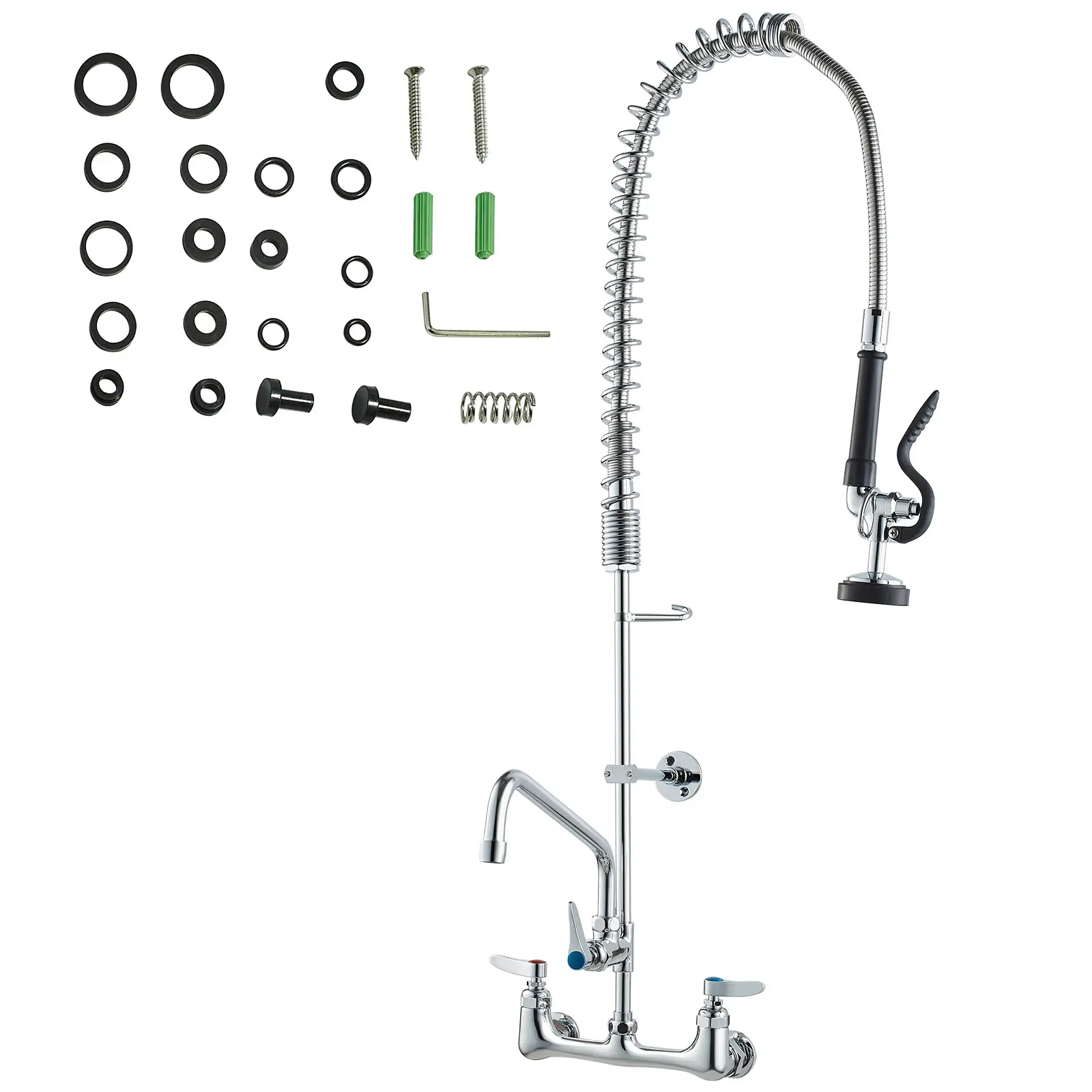 Wall-Mounted Brass Kitchen Faucet, 36" Tall, 8" Installation Width, Includes 12" Rotating Spout and Pull-Down Sprayer, Suitable for Single, Double, or Triple Sinks