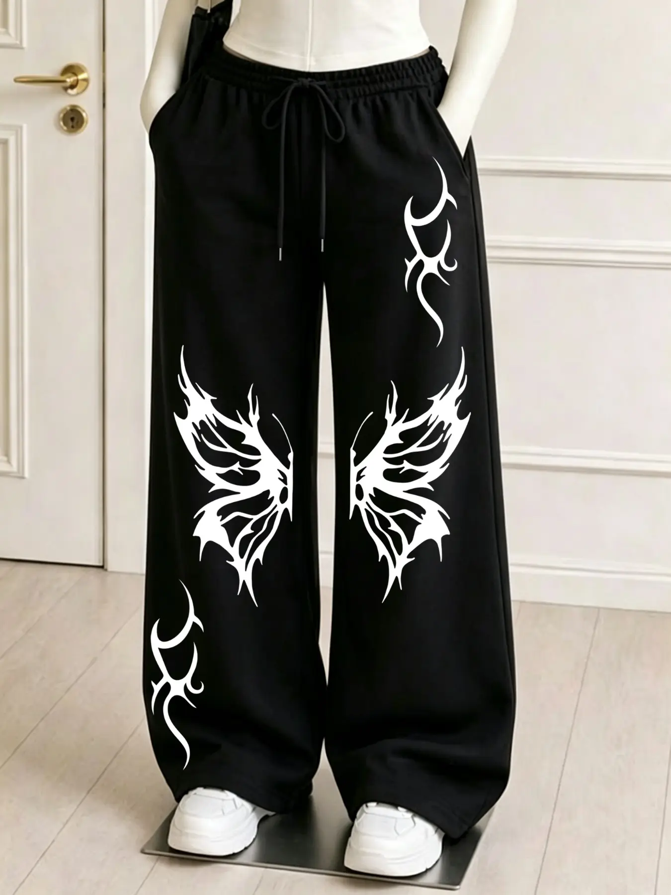 Women's Gothic Butterfly Print Wide Leg Baggy Pants, Elastic Waist Drawstring High-Waisted Loose Fit, Dark Punk Y2K Streetwear Casual Pants