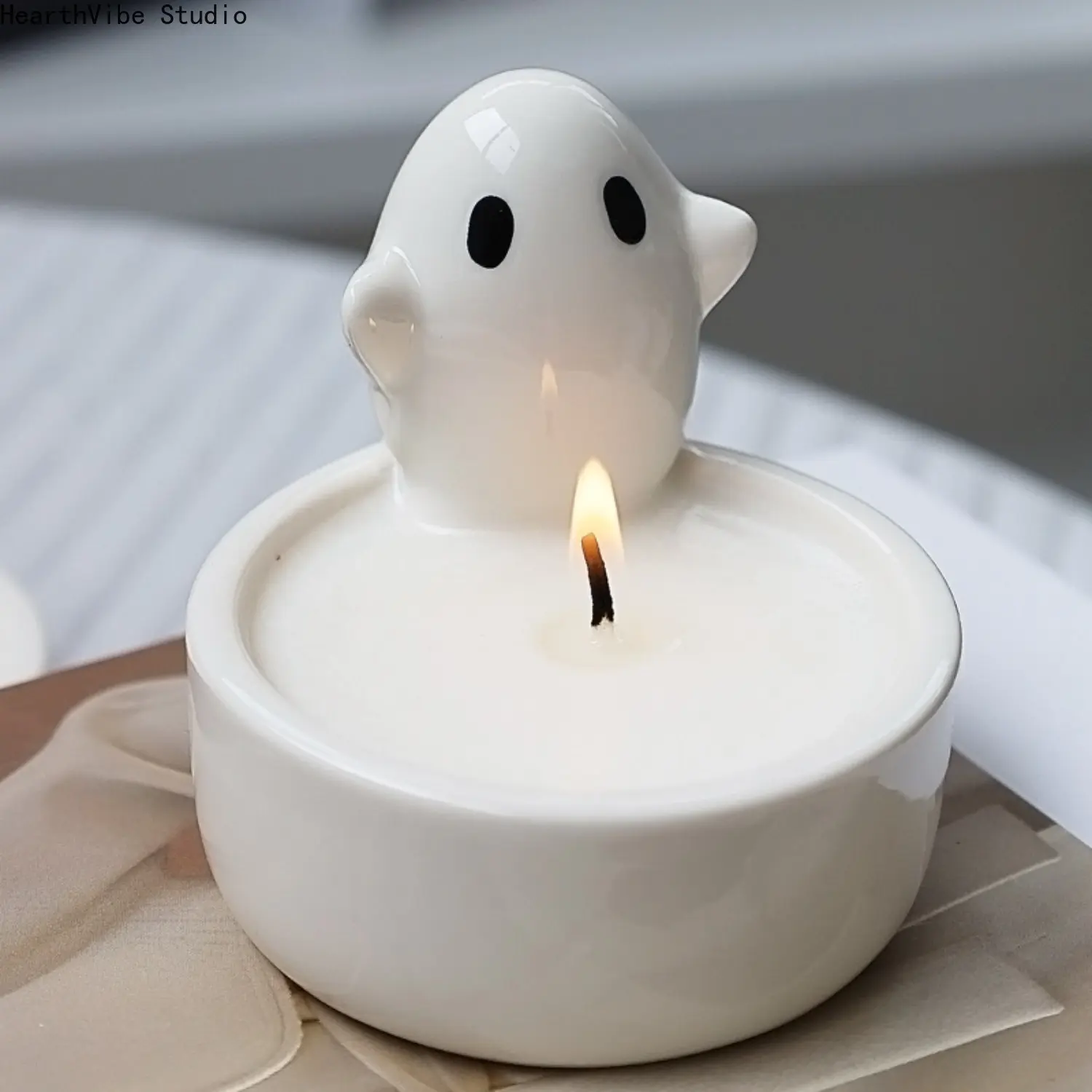 Ceramic Little Ghost Candlestick, Cute Decorative Tealight Holder, Small Ghostly Ornament for Gothic Home Decor, Birthday Gift, Tea Light Holder, Ghost Shape, No, Whimsical Home Decor