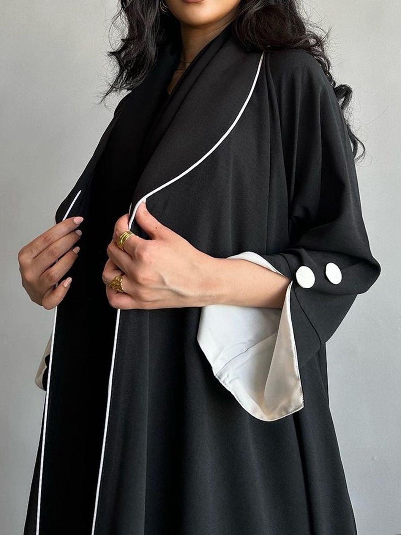Women's Contrast Binding Open Front Abaya, Modesty Abaya, Elegant Long Sleeve Pleated Drawstring Outerwear for Spring & Fall, Ladies Islamic Clothing for Daily Wear
