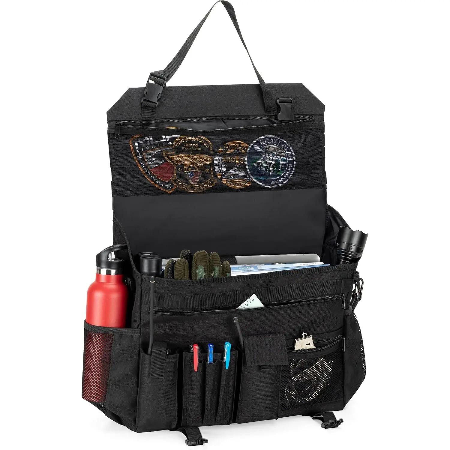 Patrol Bag,  Front Seat Organizer,  Duty Bag | for Law Enforcement with 15.6” Laptop Sleeve, Molle Webbing, Multiple Compartment, Removable Straps, Black