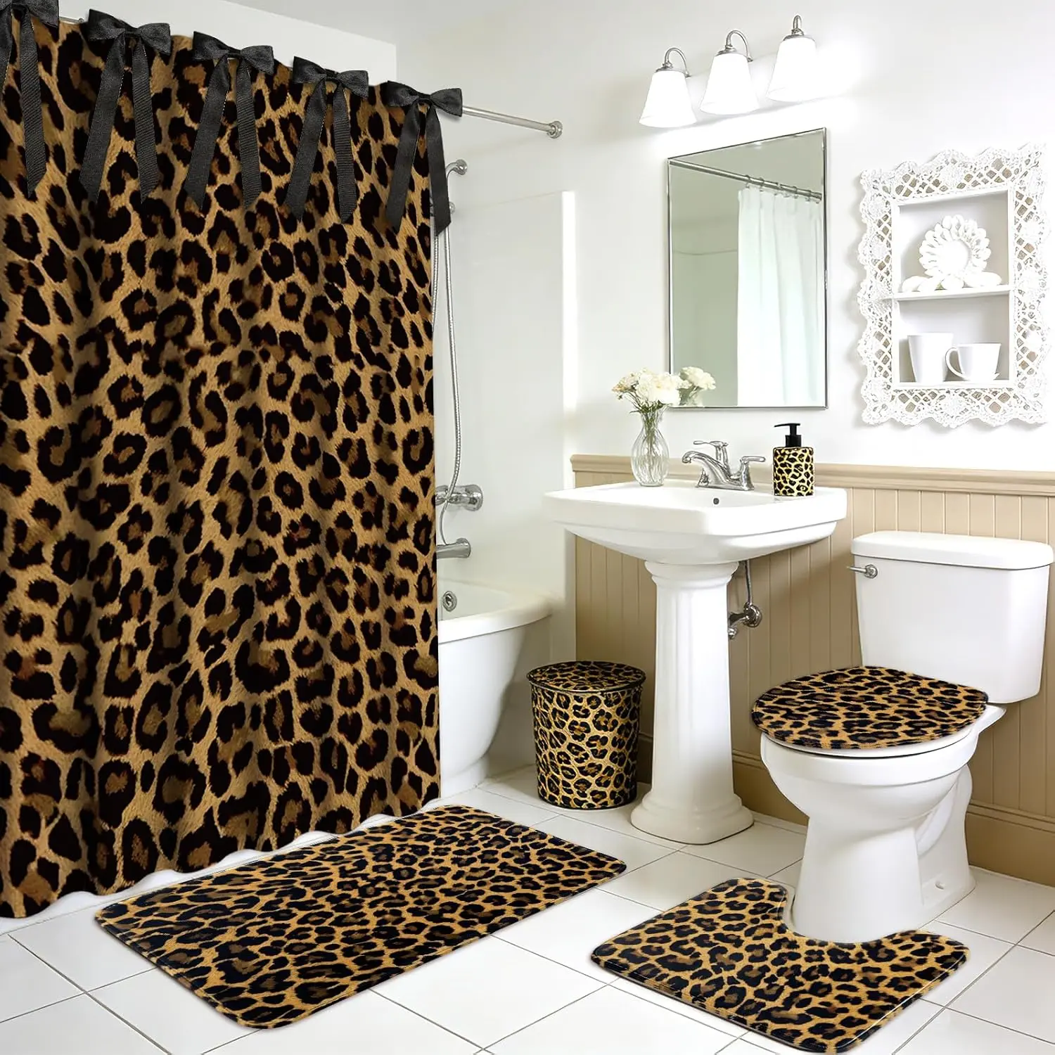 AnyDesign 28 Pcs Leopard Shower Curtain Set with Non-Slip Bath Mat U-Shaped Rug Toilet Lid Cover Cheetah Print Shower Curtain with Hooks and Black Ribbons for Bathroom Accessories & Decor