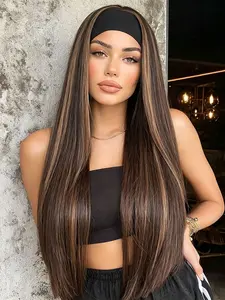 Long Straight Headband Wig for Women, Highlight Ombre Synthetic Wig, Glueless Heat Resistant, Natural Look for Daily Use