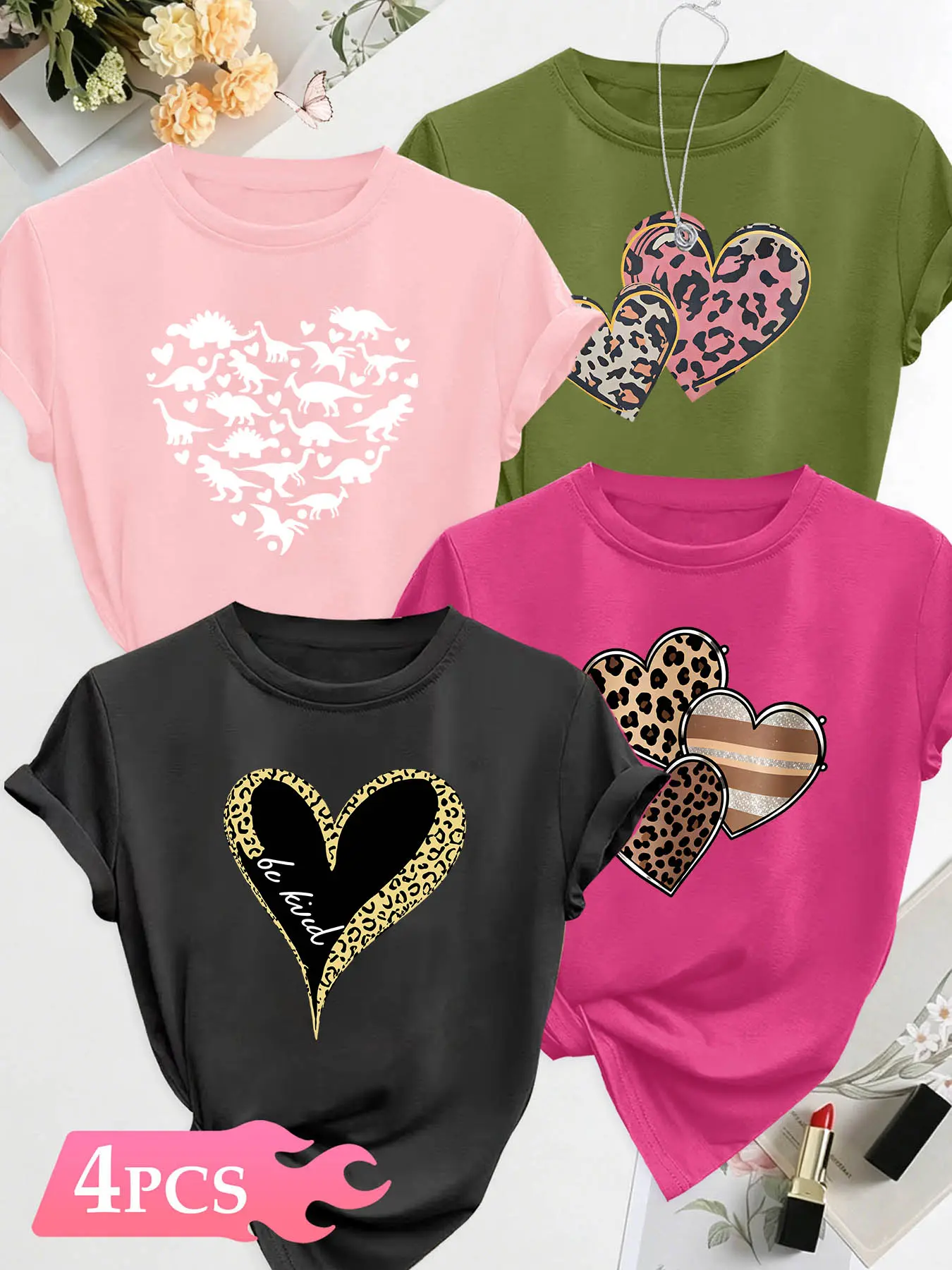 4Pcs Women Crew Neck T-Shirt, Sweet Cool Print Leopard Hearts & Dinosaur Heart Shape, Multi-color Available, Machine Washable, Soft Skin-friendly Spring Summer Daily Stylish Top