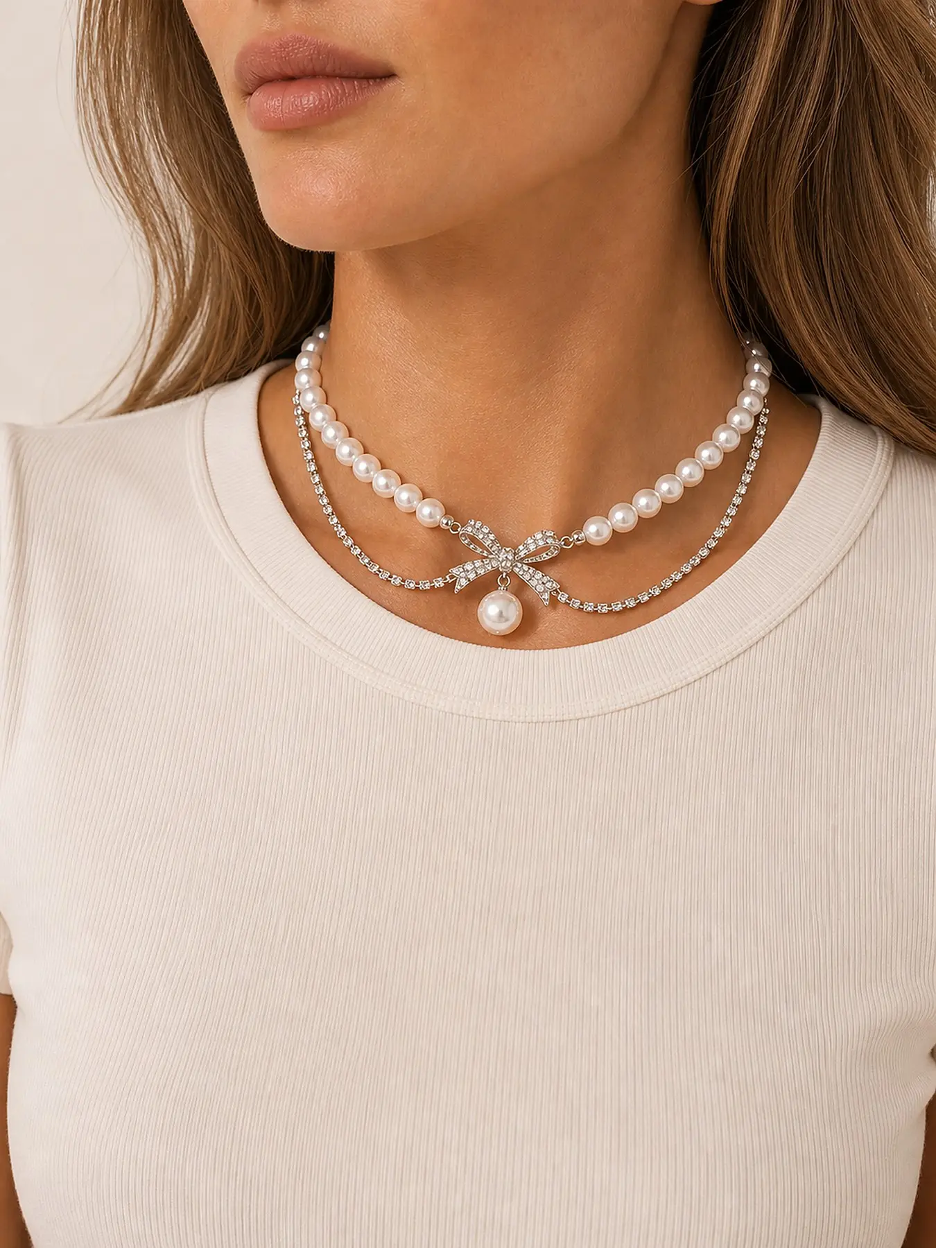 Silver Color Rhinestone Bow Pearl Necklace, Cold Minimalist Style Collarbone Chain, Elegant Jewelry for Women, Perfect Gift Idea