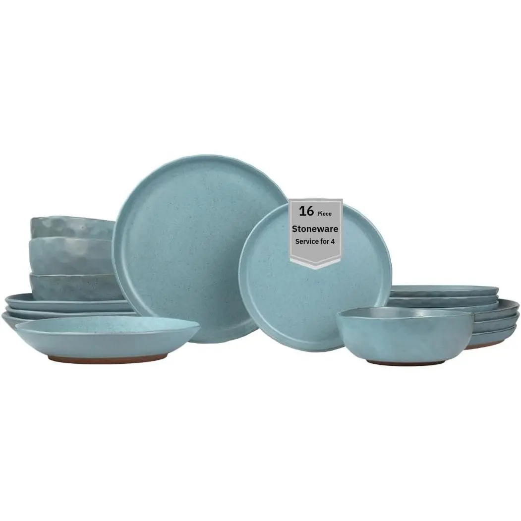 16- Stoneware Dinnerware Set for 4, Semi-Matte Teal Plates and Bowls Sets with Rustic Speckled , Ceramic Dish Set, Elegant Boho  Dishes, Microwave & Dishwasher Safe, Kaya Blue