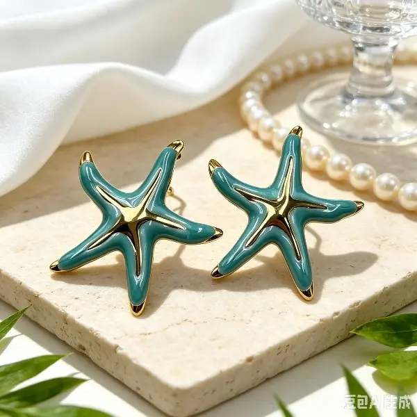 Turquoise Enamel Starfish Stud Earrings, Gold Plated Nautical Ocean Style Earrings, Trendy Summer Statement Jewelry for Women