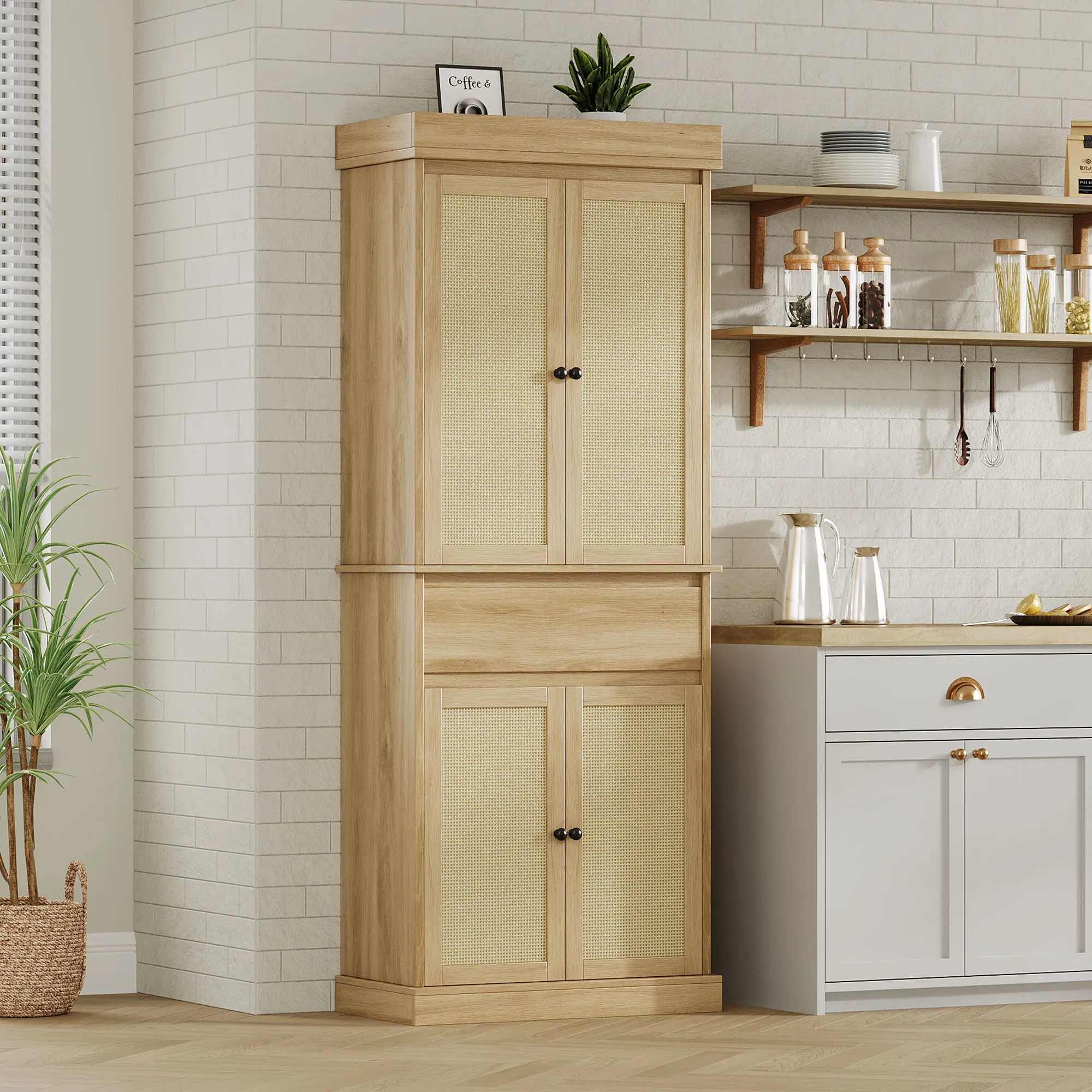 69 Inch Tall Pantry Cabinet, Slim Wood Kitchen Storage Cabinet with Drawer, 2 Adjustable Shelves & 4 Rattan Doors, Farmhouse Cupboard for Dining Room, Living Room, Office