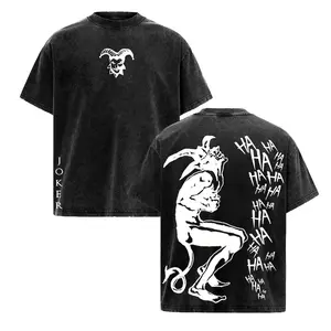 Monochrome Grunge Dark Vintage Washed T-Shirt Tiny Jester Joker Silhouette Chest Oversized Muscular Horned Demon Stacked HAHAHA Laugh Letter Back Casual Short Sleeve