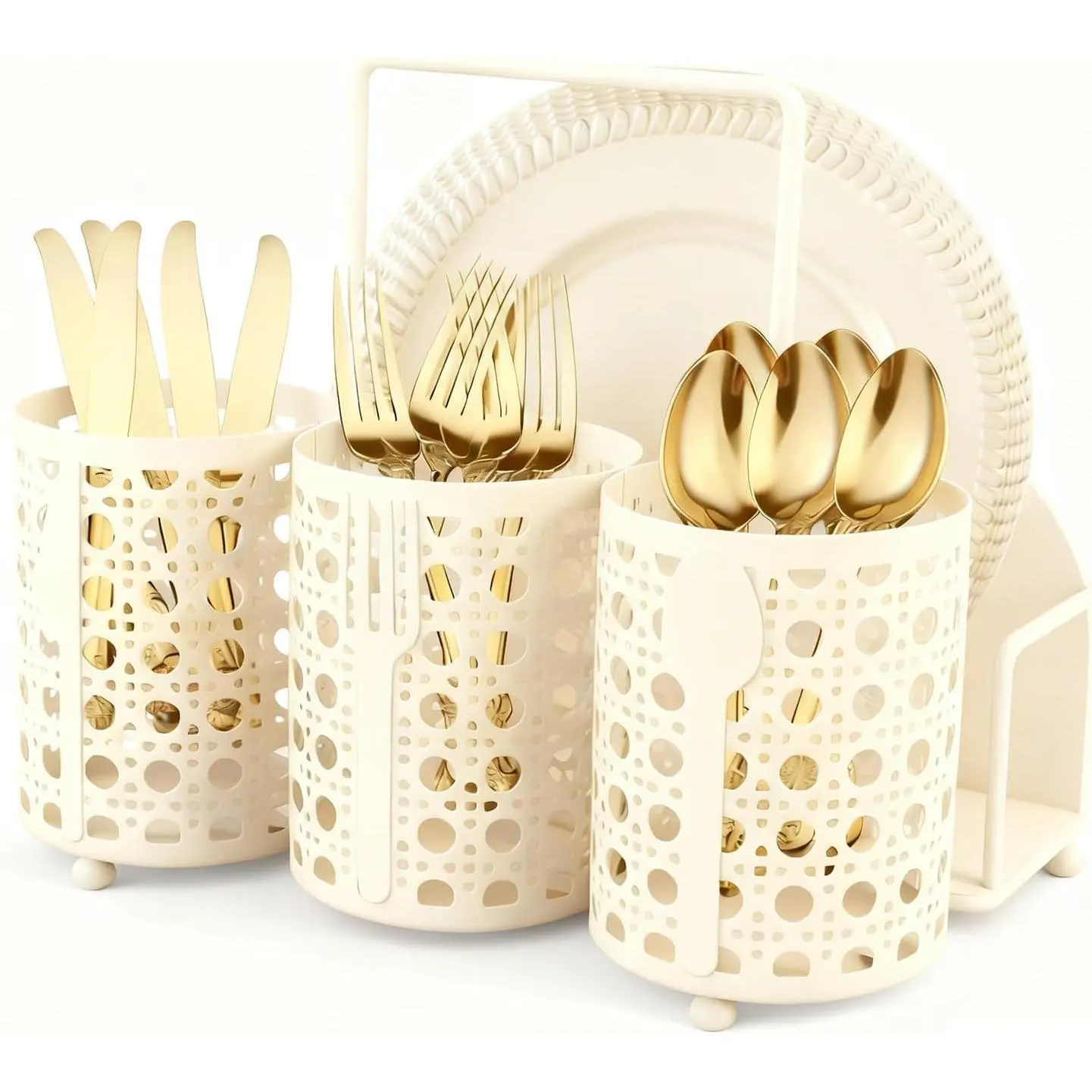 Utensil  Silverware Holder Fork Spoon Napkin Paper Plate Organizer Metal Utensil Holder Cutlery Flatware Organizers for Party Kitchen Countertop Camping Picnic - Cream Mesh